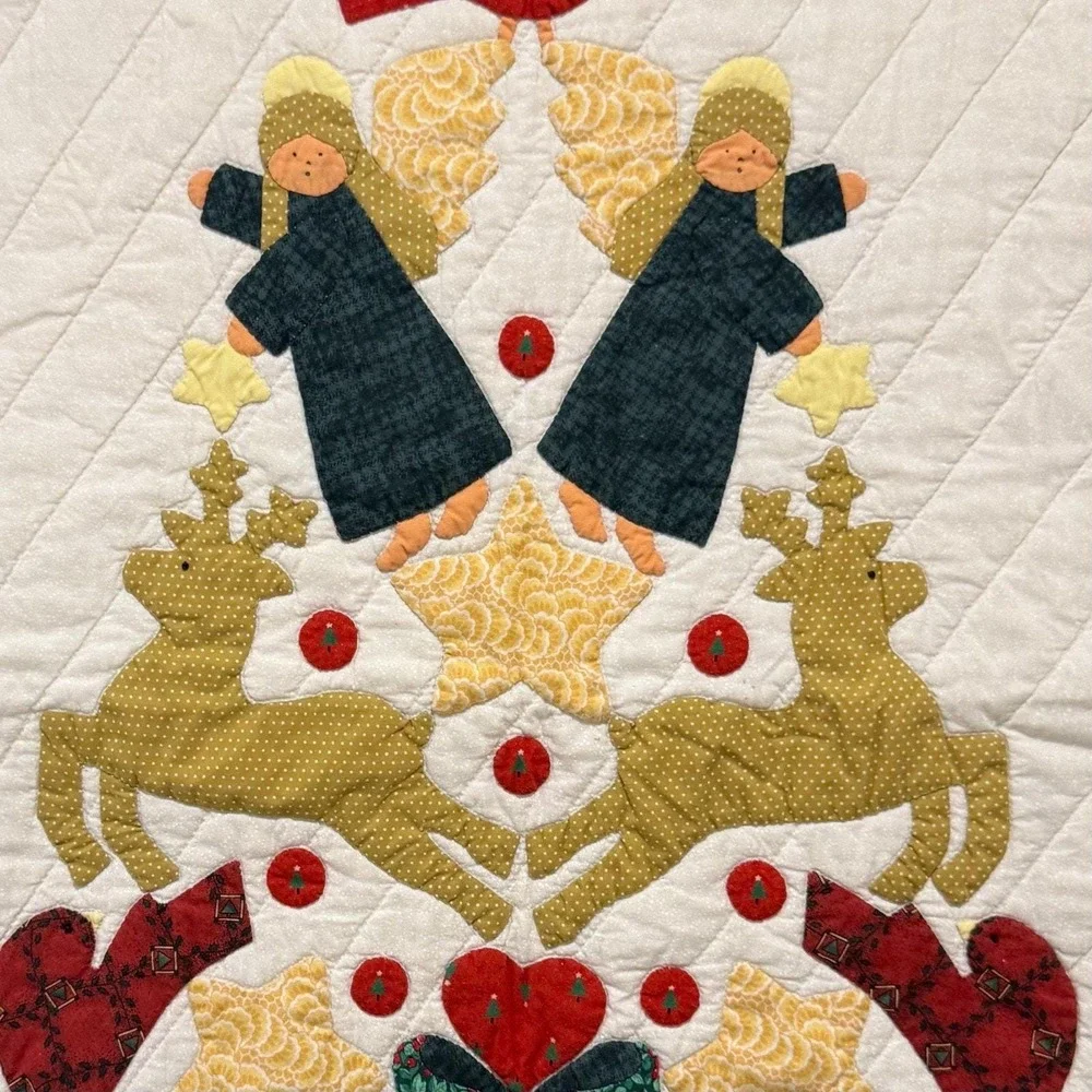 Vintage Christmas Applique Quilt Wall Hanging‎ Angels Reindeer Folk Art 24x32
